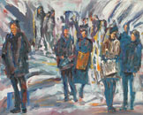 Moskau 1, Menschen warten an der Gepäckausgabe, gemalt mit Ölfarben